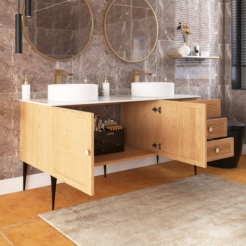 Meuble-lavabo autoportant en contreplaqué de 60 po avec lavabos