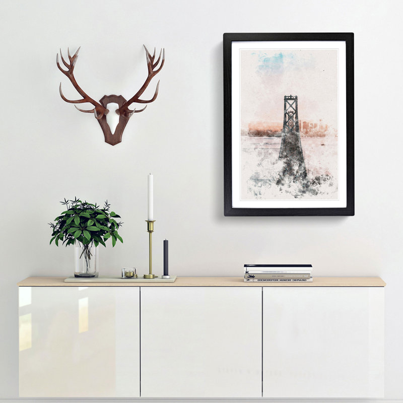 Bridge In San Francisco Watercolour - Picture Frame Graphic Art, 33cm H x 24cm W x 2cm D, Black Framed