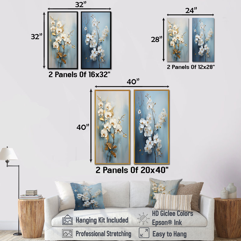 Orchidées beiges et dorées - ensemble d'art mural en toile sur 2 orchidées, H 40 po x l 41 po, Toile tendue