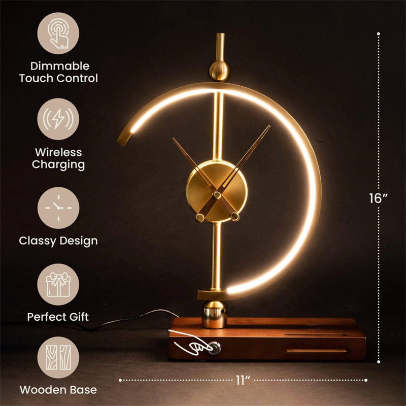 Lampe horloge à DEL minimaliste avec chargeur sans fil pour téléphone / base en bois