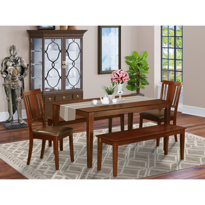 5 Piece Dining Room Furniture Set Includes a Rectangle Kitchen Table and 2 Faux Leather Dining Chairs with 2 Benches, 36x60 Inch, Mahogany