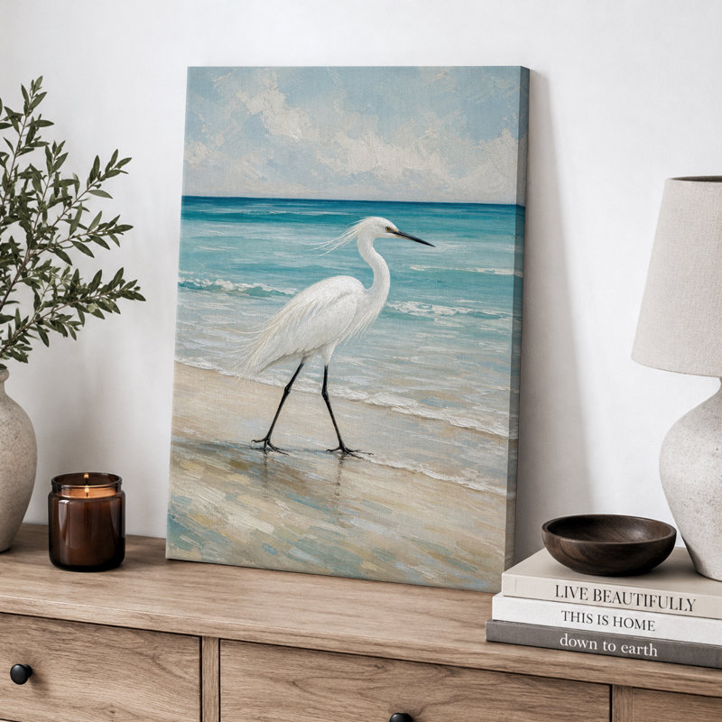 «Coastal Egret Beach», reproduction d'art sur toile encadrée, impression sur toile, 18" H x 12" W x 1.5" D, Wrapped Canvas