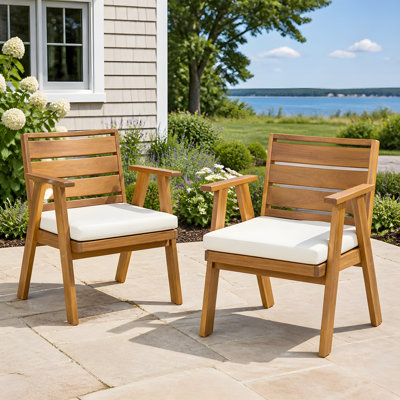 Chaises de salle à manger d'extérieur rustiques en bois d'acacia Presidio avec coussins lavables pour la cour, le jardin et la piscine