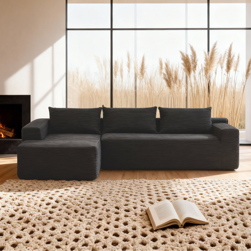 105" Cloud Sectional Couch with L-Shape Chaise,Modern Modular Sofa with Deep Seat, Upholstered Couches for Living Room Bedroom,No Assembly Required, (Plush Corduroy Fabric),Black Left Hand Facing 