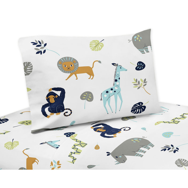 White Microfiber Twin Jungle Animal Print Sheet Set