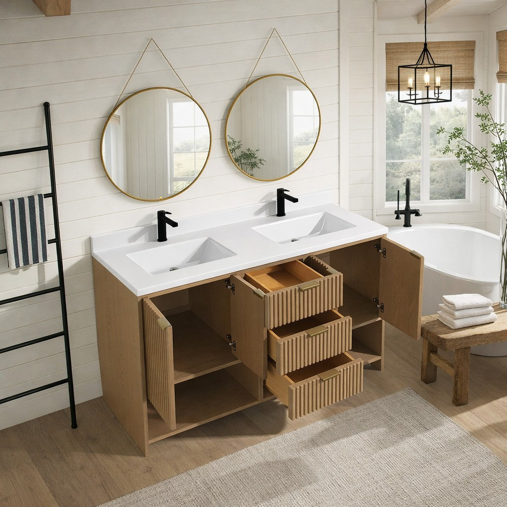 55'' Double Bathroom Vanity, Oak