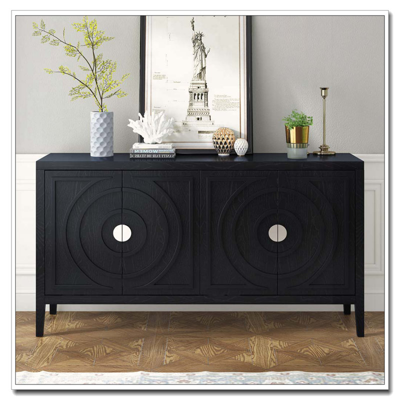 Retro 4-Door Sideboard with Circular Groove Design and Round Handles, Black