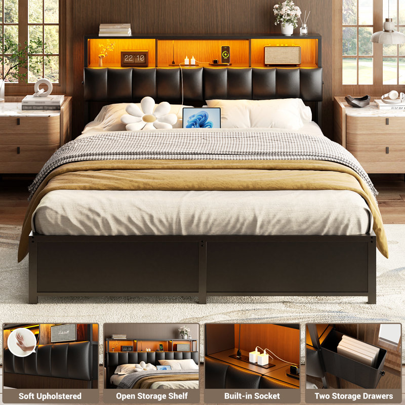 Kulthum Upholstered Headboard with Storage Bags, Full XL, Black
