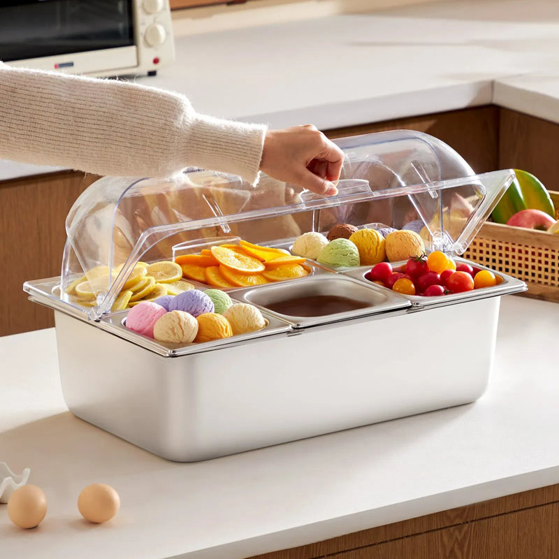 6 plateaux de présentation en acier inoxydable pour comptoir de service - distributeur de condiments de buffet avec couvercle transparent et accessoires