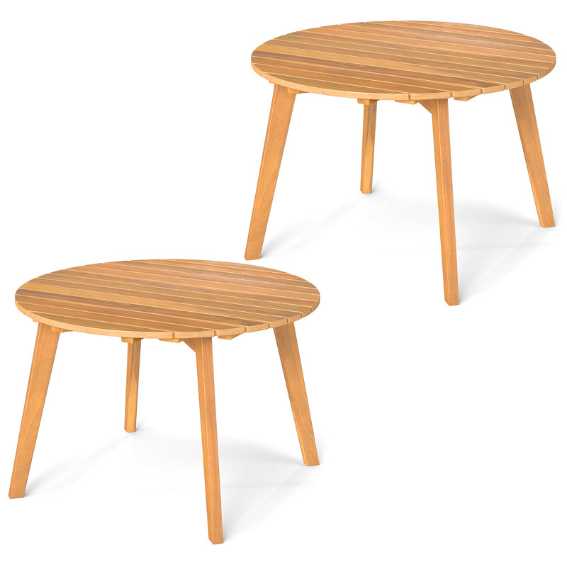  2PCS Outdoor Acacia Wood Side Table Patio 24.5'' Round End Table w/ Slatted Tabletop, 2
