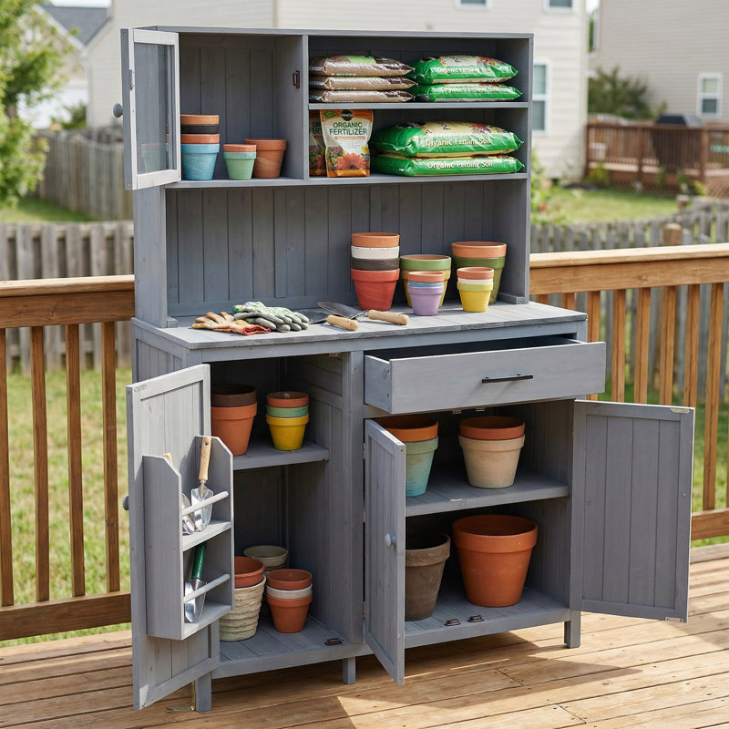 Îlot de cuisine 65 po en bois de sapin massif avec tablettes réglables, support à épices, crochet latéral et tiroir, Grey