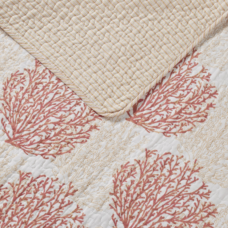 Laura Ashley Coral Coast Reversible Cotton Quilt Set, Full/Queen Quilt + 2 Standard Shams
