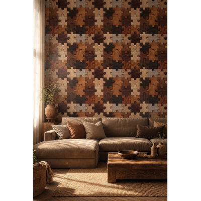 Wooden Jigsaw Puzzle Wallpaper Geometric Shapes Wood Grain Texture Removable Wall Decor