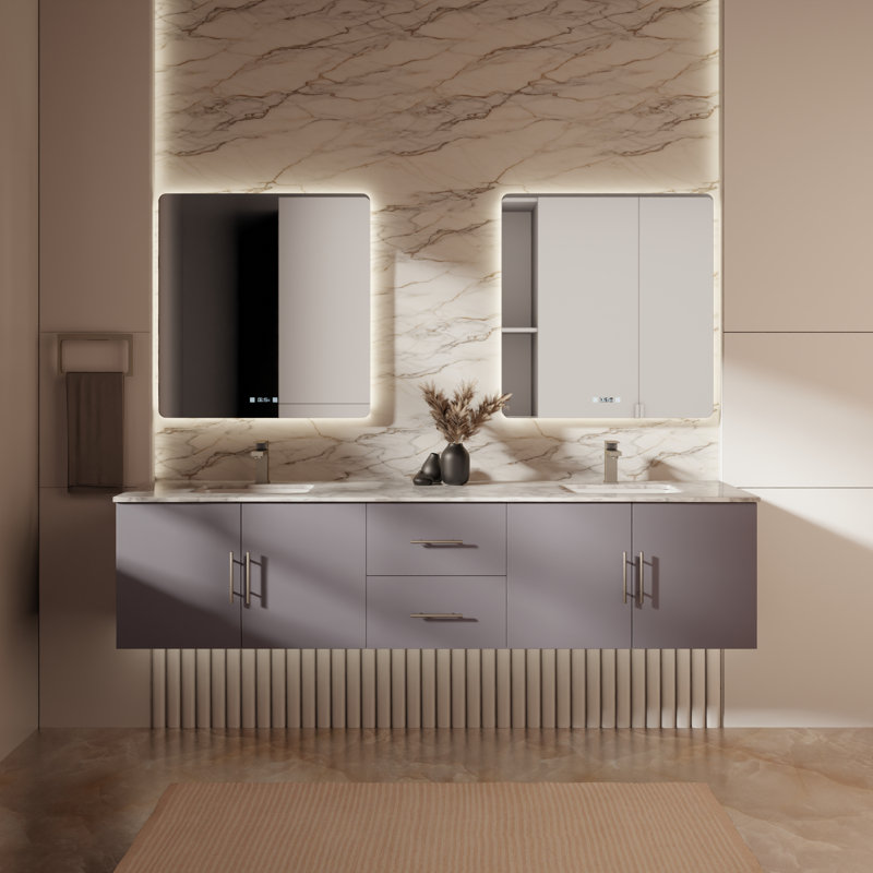 Geneva 80" Wall-Mounted Double Bathroom Vanity Set, Dark Gray, White Carrara Marble