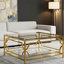 Table basse carrée en verre de 33,5 po, structure géométrique luxueuse en métal, finition dorée et tablette inférieure-104720400-150844948