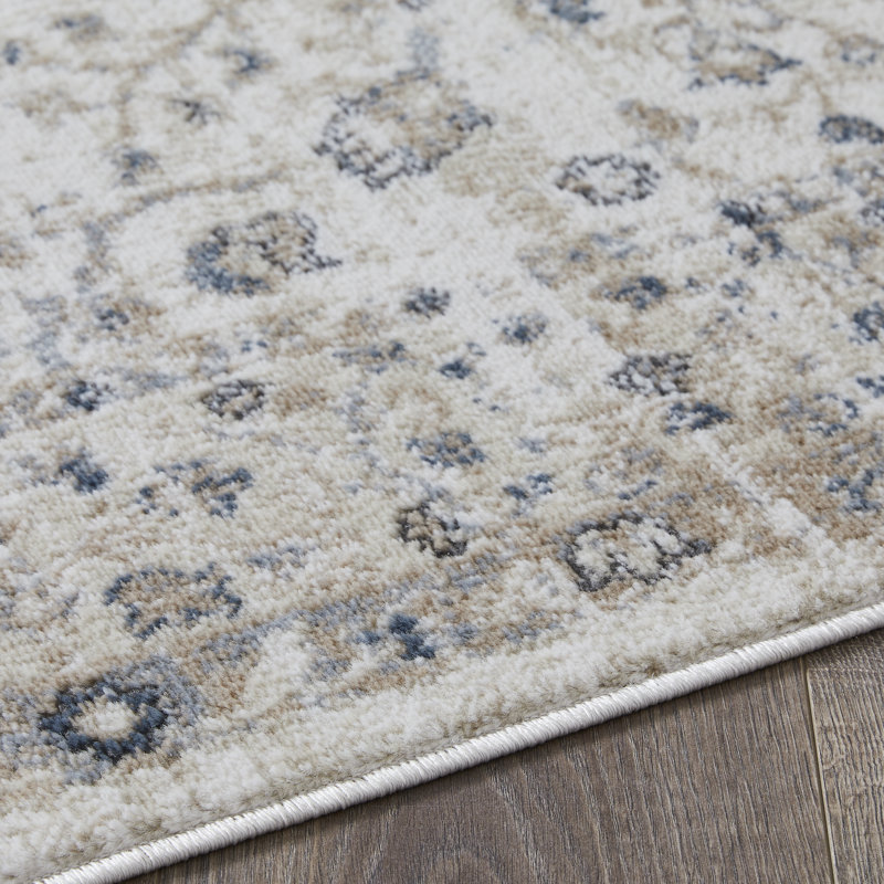 Tapis oriental en polypropylène tissé à la machine en crème / bleu Aldonja, Rectangle 4 pi x 6 pi