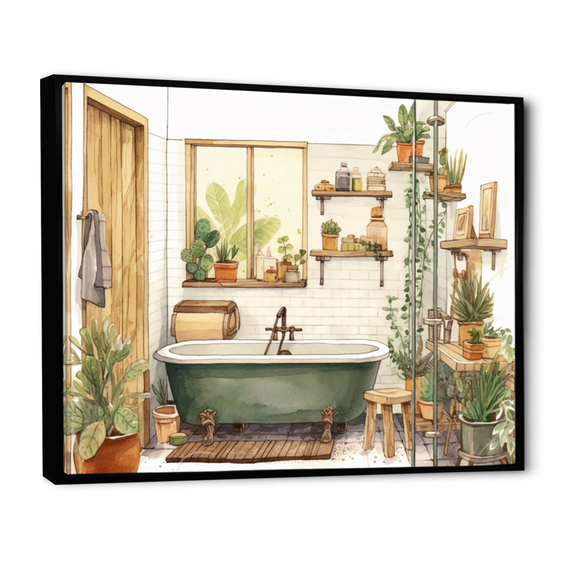 "Natural Bathroom Decor", impression sur toile encadrée, Cadre flottant noir, H 34 po x l 44 po x P 1,5 po