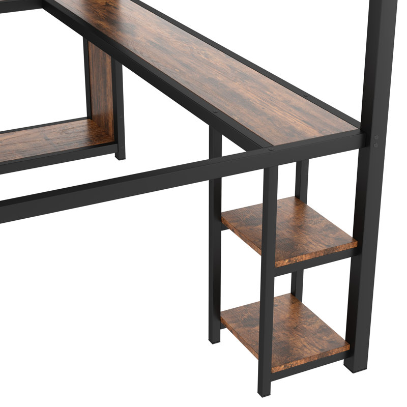Grand lit mezzanine avec garde-robe, bureau et tablettes, Brun