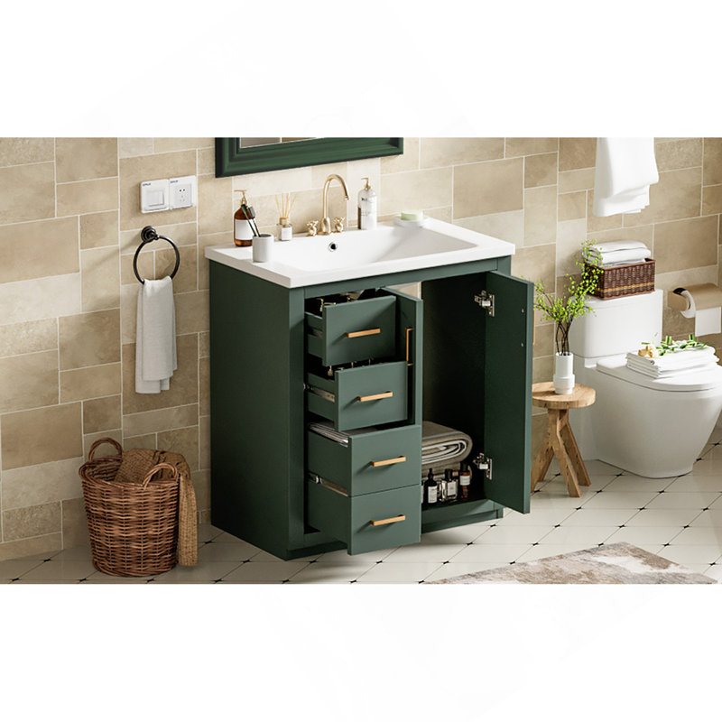 Ensemble de meuble-lavabo 30 po avec lavabo en céramique, armoire de rangement en bois massif, ensemble de meuble-lavabo autoportant avec 3 tiroirs et portes à fermeture douce