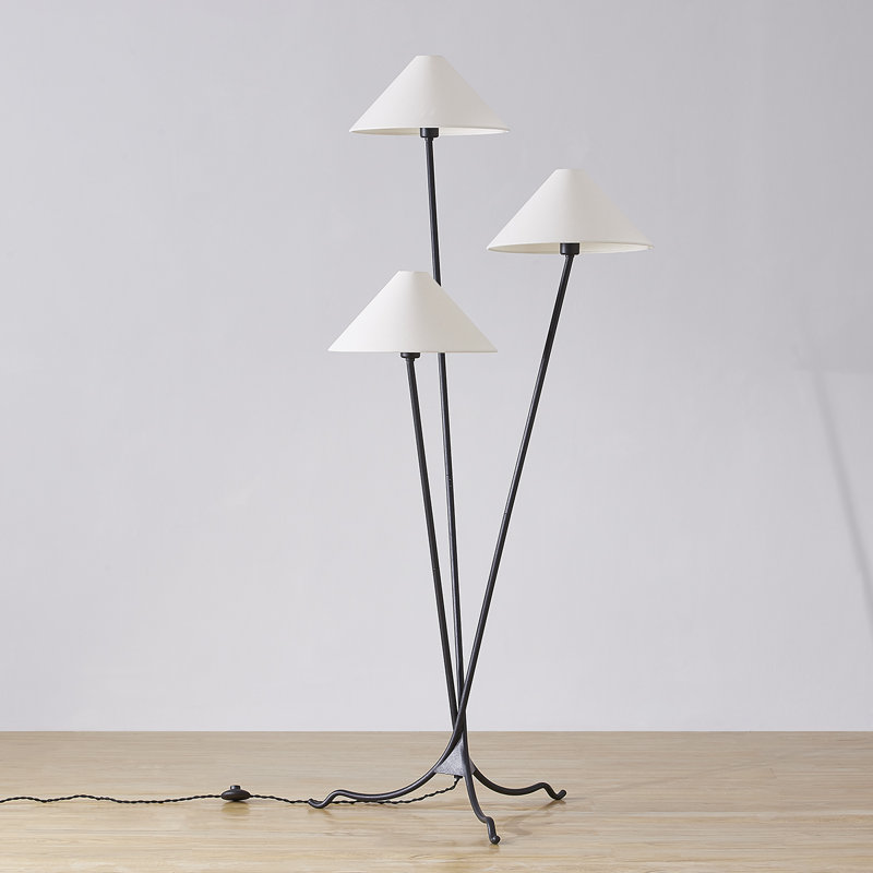 Forged Iron Tripod Floor Lamp with Off-White Linen Shades