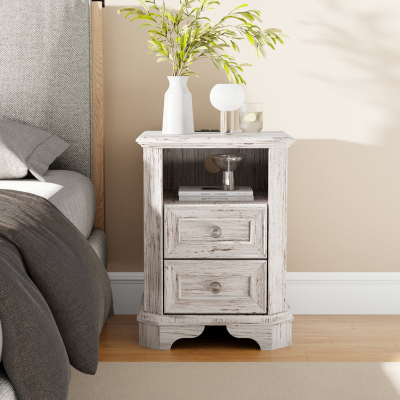2 - Drawers Modern Wood Nightstand With Charging Station,Bed Side Table With Open Storage For Bedroom And Built-In Outlets