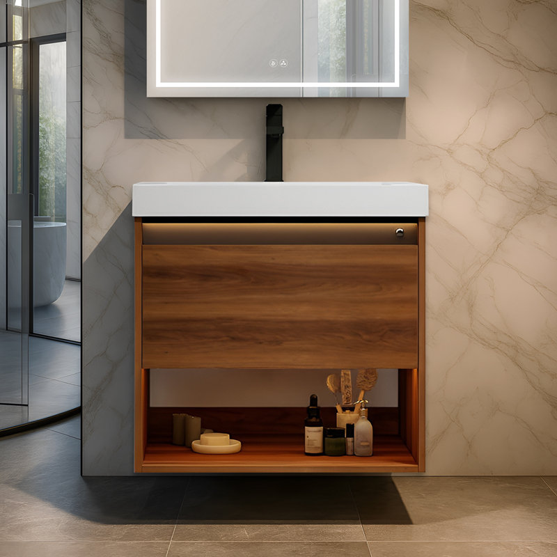 Meuble-lavabo flottant 24 po avec lumières DEL - Armoire murale en bois avec lavabo en acrylique, rangement à fermeture en douceur et lavabo intégré moderne