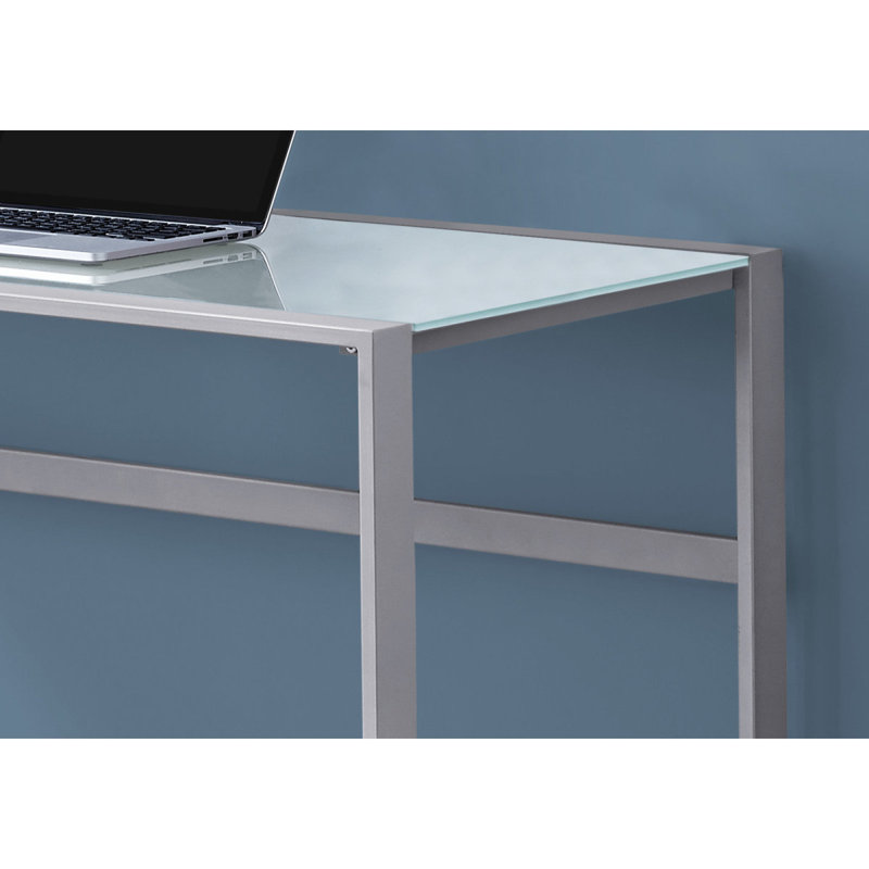 Bureau d'ordinateur 48 po - verre trempé, 1 pièce, bureau moderne, argent, avec pieds en métal argenté et design minimaliste