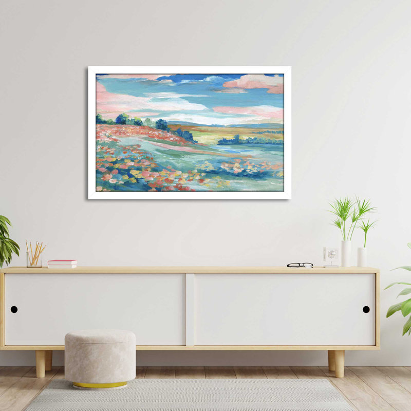 Vue pastorale par Nan - Peinture, L 27,5 po x H 21,5 po, Cadre blanc