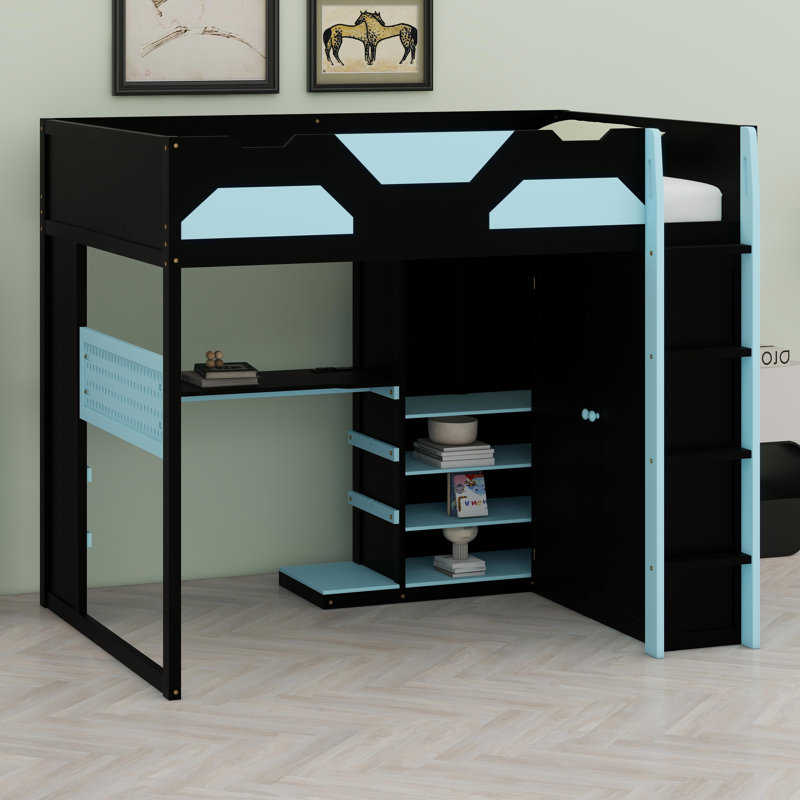 Lit mezzanine avec bureau intégré, tablettes de rangement à plusieurs niveaux, ports USB et éclairage RVB, Bleu