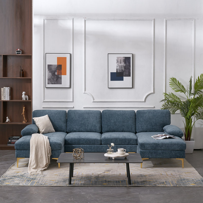 Trego Upholstered U-Shaped Sectional Symmetrical, Gray Blue Chenille