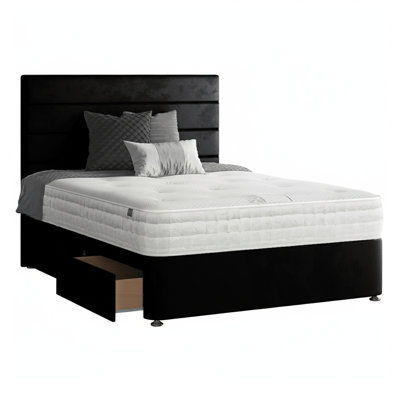 Kiara Stripped Floor Standing Headboard with Divan Base Plush Velvet and Metal Feet