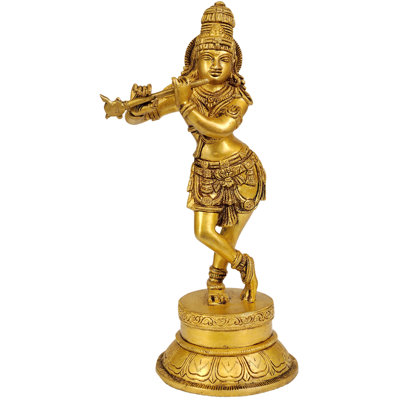 Handmade 11" Brass Krishna Bhagawan Statue – Indian Deity Idol, Intricate Detailing, Divine Accent for Home Temple, Meditation Space & Gift