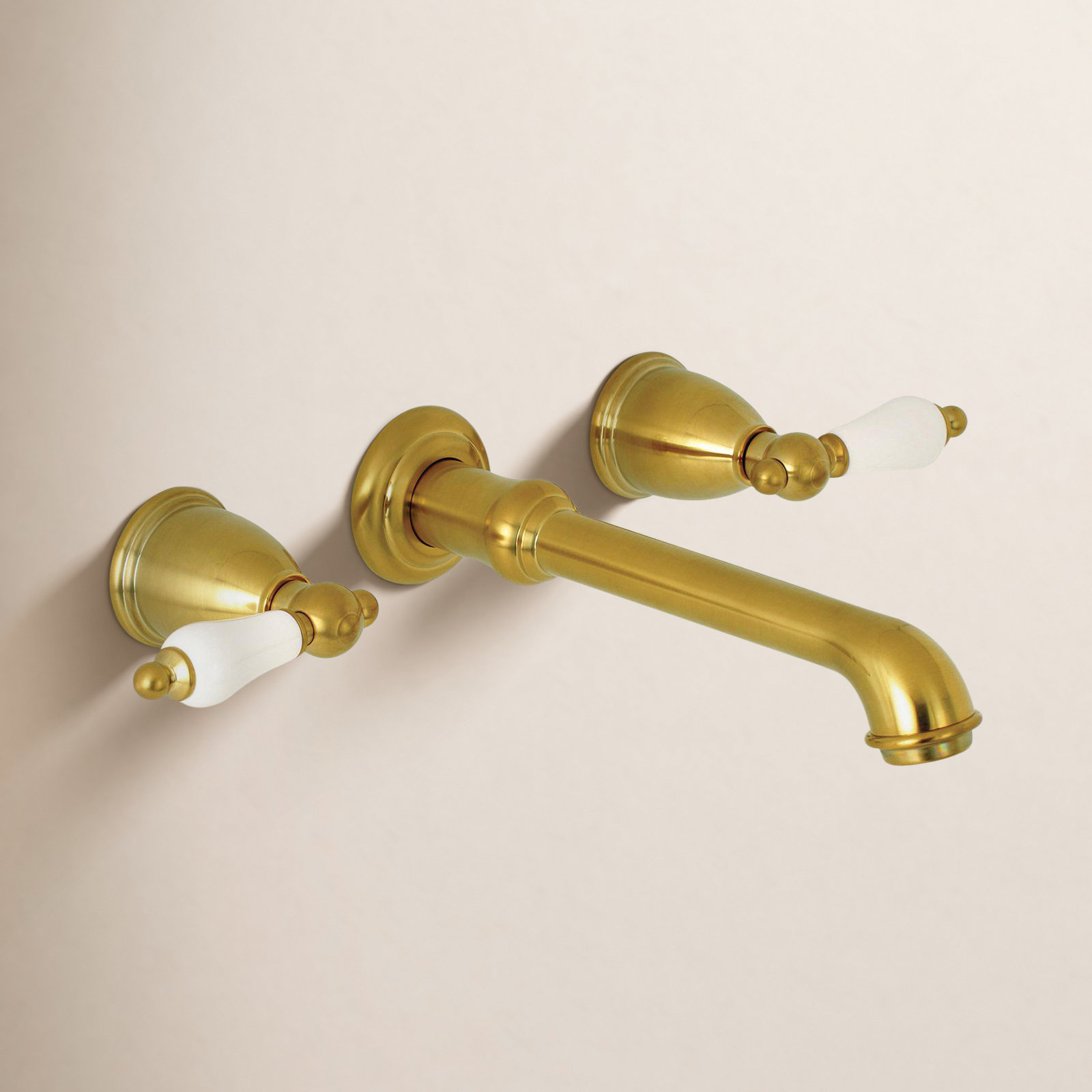 English Country Wall-Mounted Roman Tub Faucet, Satin Brass/White