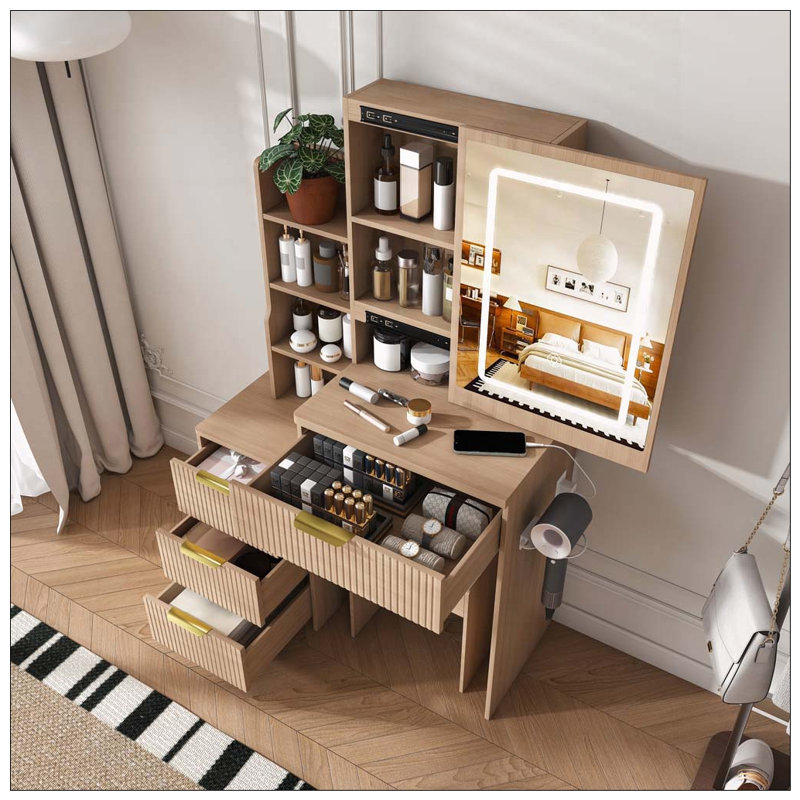 Bureau de coiffeuse moderne avec éclairage DEL, prise de courant et rangement, Noyer