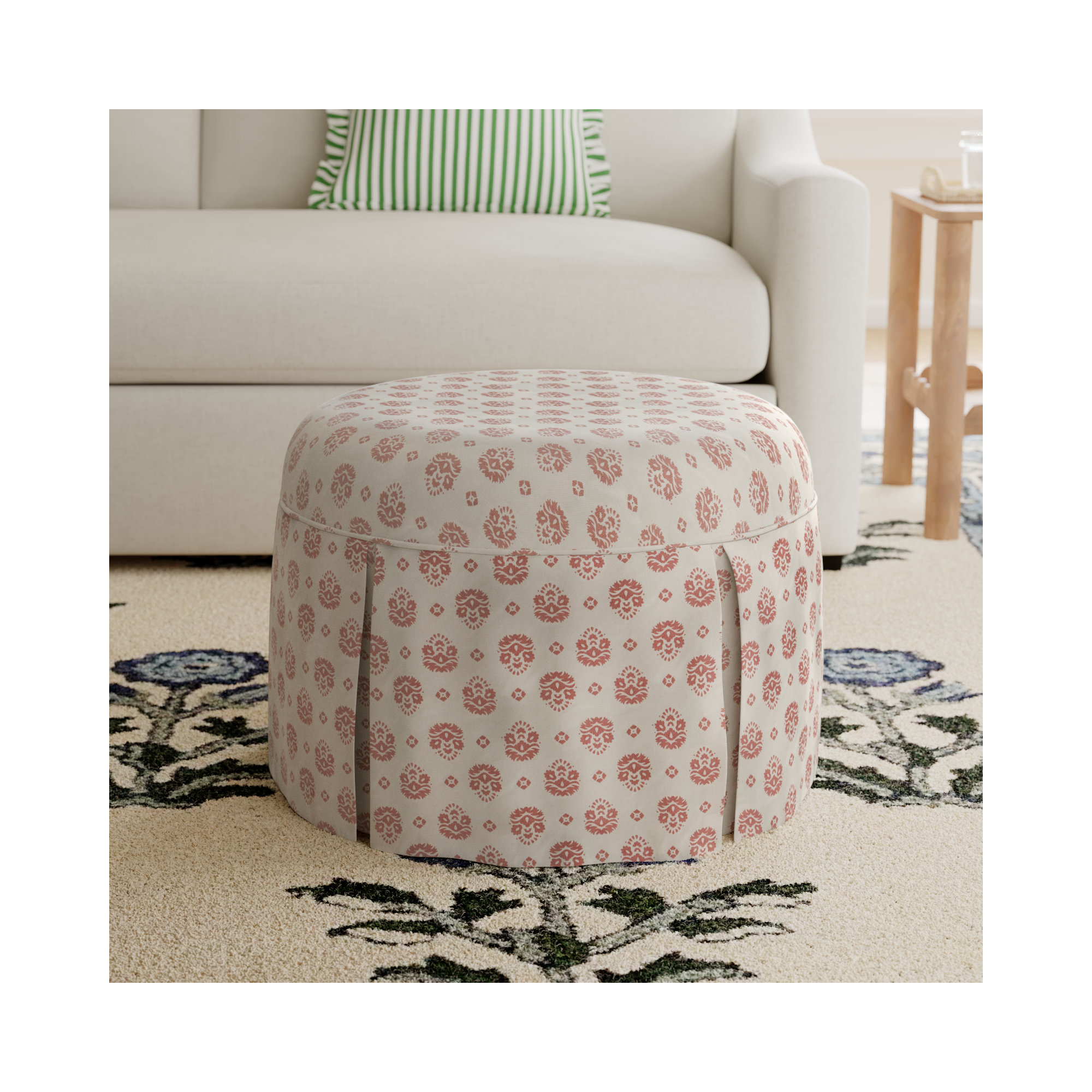 Manders 25" Round Ottoman, All Block Floral Dusty Red