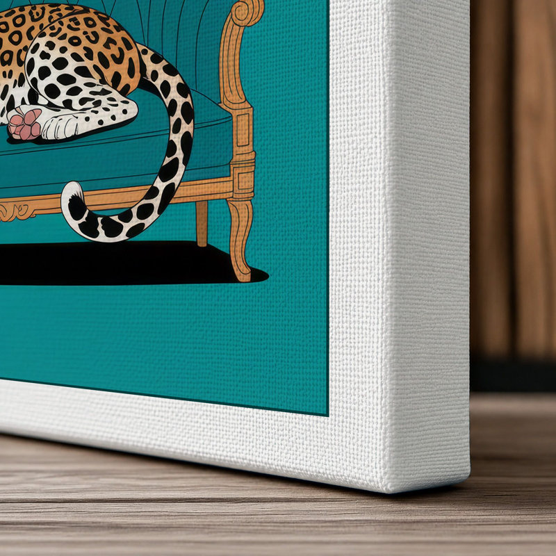 Leopard On Turquoise Bench Modern - Print, 30x20 - 76.2 x 50.8 cm, White Border