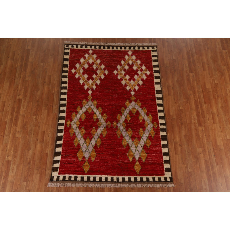 Tapis rouge en laine noué à la main de conception unique 5 pi 7 po x 8 pi 1 po New Age