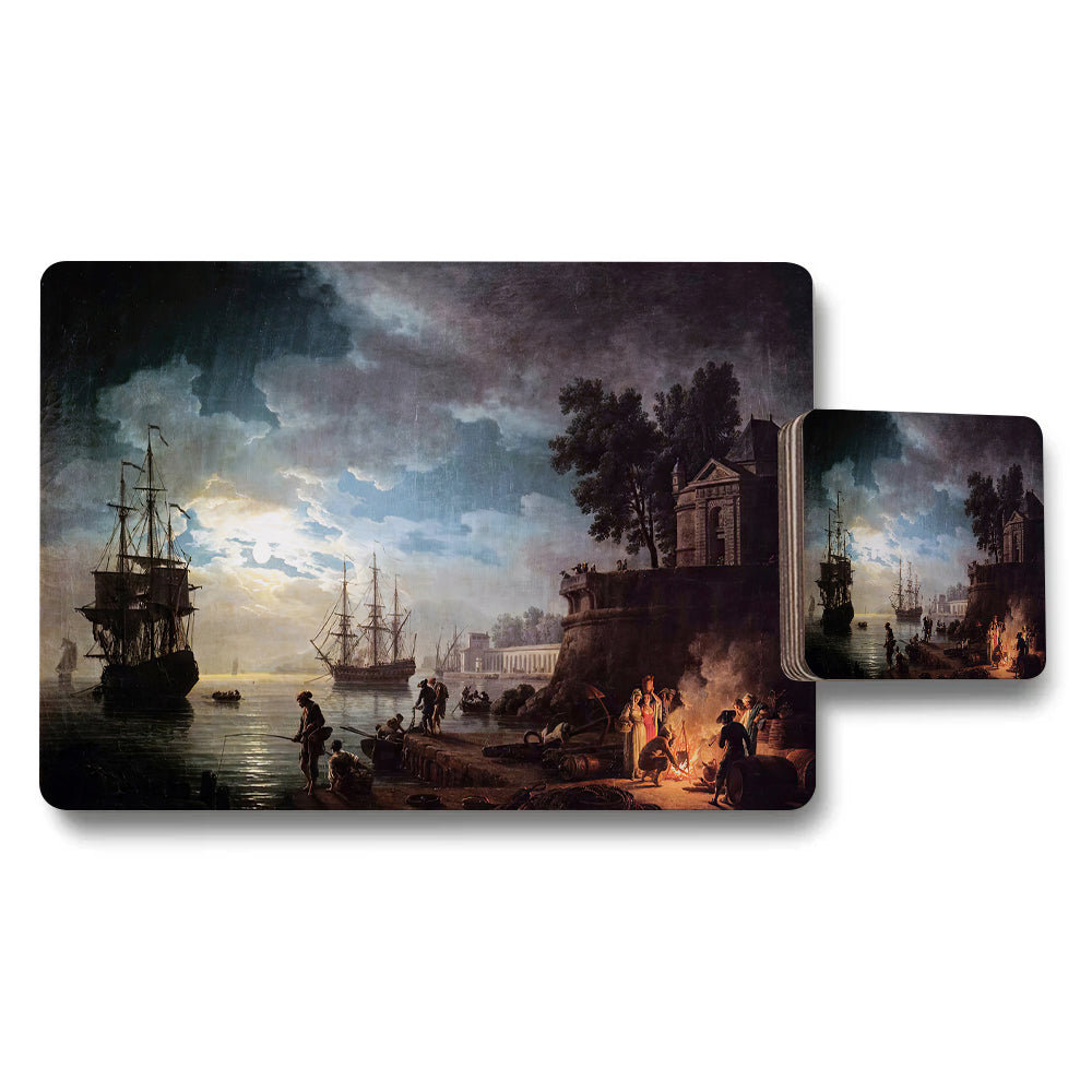 Harbor Scene Placemats And Coasters Set With Vintage Ship Artwork
