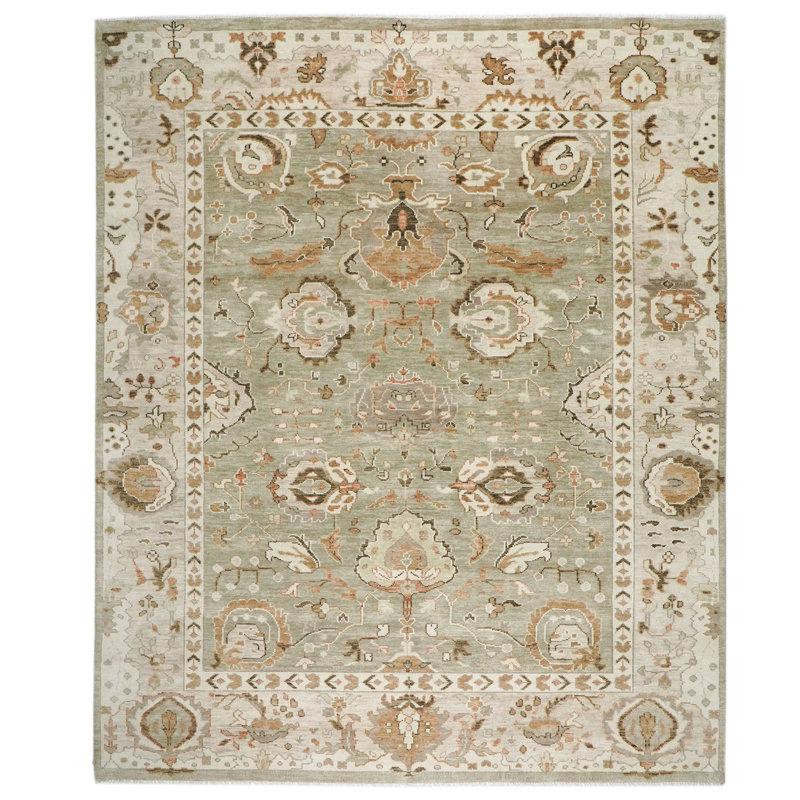 Tapis vert en laine noué à la main 12 x 15 po Oushak