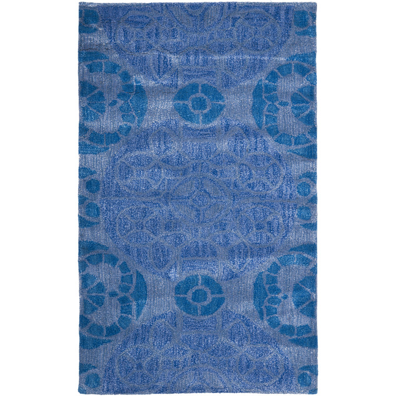 Kouerga Hand Tufted Wool/Viscose Damask Rug in Blue, Rectangle 2'6" x 4'