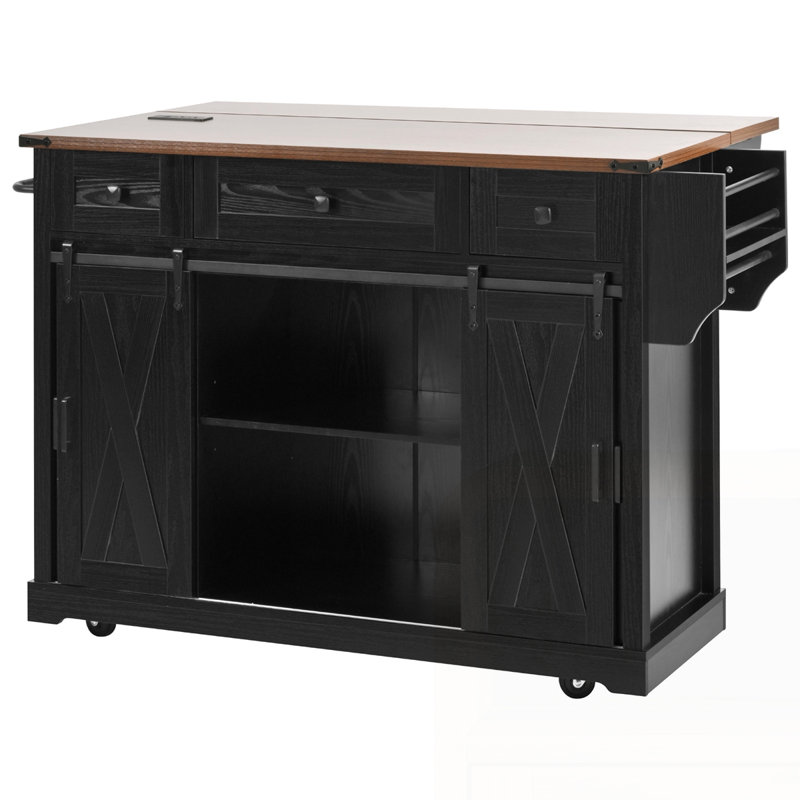 58" Farmhouse Kitchen Island with Storage, Black