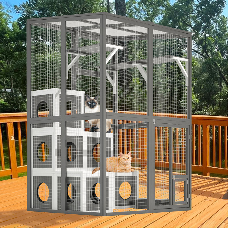 Catio d'extérieur en bois - grand parc pour chat en bois massif avec 2 plateformes de saut et 7 cabanes de sieste