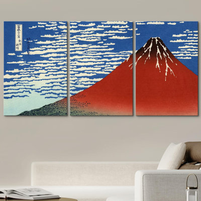 Japanese " Red Fuji, South Wind, Clear Sky By Hokusai Oil Painting Fine Art Reproduction Scenic " 3 - Pieces