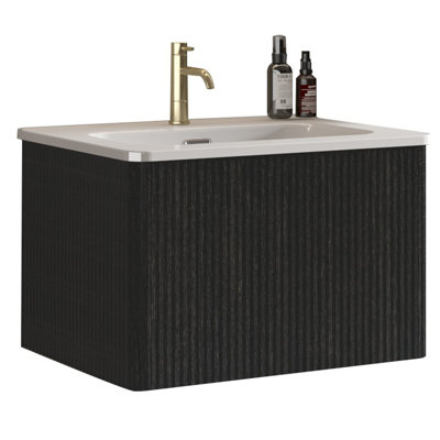 Meuble-lavabo flottant rayé avec lavabo en céramique blanche