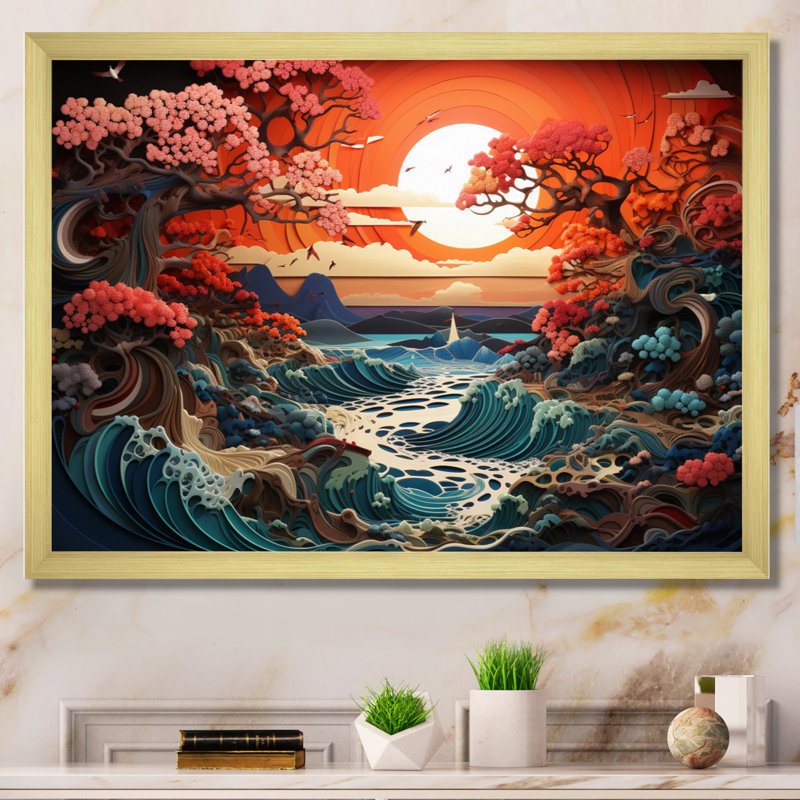 Papercut Peach Sunrise Eernal Renewal, H 30 po x l 40 po x P 1,5 po, Encadrement doré