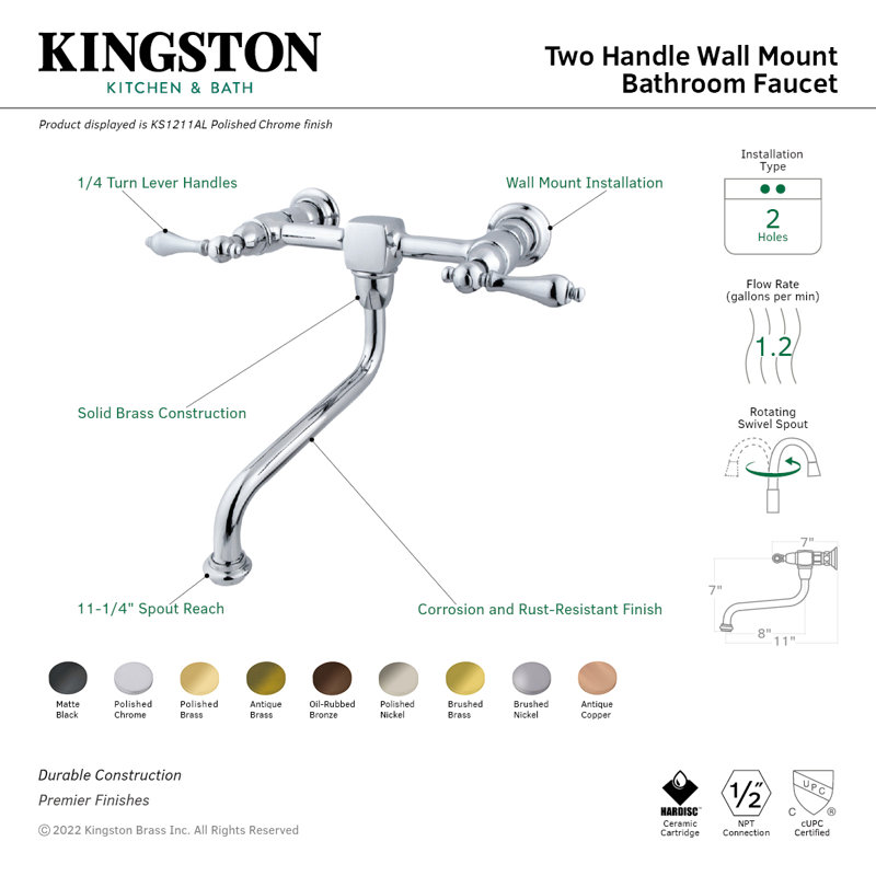 Kingston Brass Heritage Two-Handle 2-Hole Wall Mount Bathroom Faucet, Polished Chrome