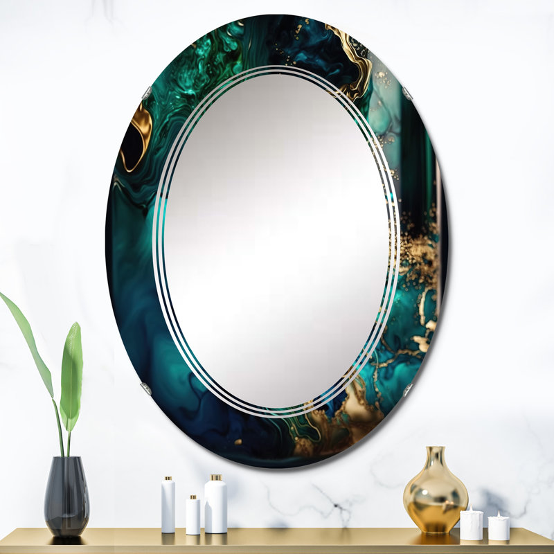 Otabek - Géode abstraite en marbre vert et bleu II - Miroir mural abstrait en marbre, 36 po x 24 po