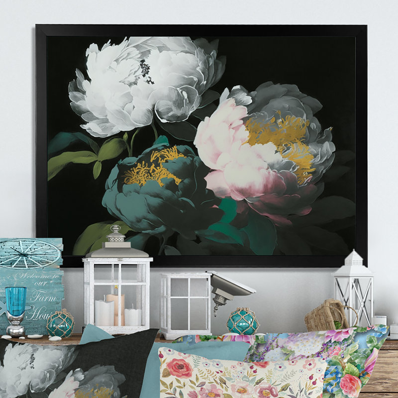 «White Blossoming Peony on Black II», reproduction sur toile, Toile avec cadre photo noir, L 40 po x H 30 po