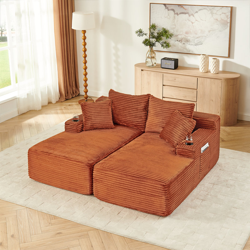 Chaise longue double compressible avec porte-gobelets, Orange Corduroy, Orange