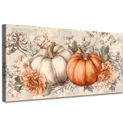 Large Pumpkin Wall Art - Fall Pictures Wall Decor, Vintage Autumn Canvas Wall Art for Living Room, Thanksgiving Painting for Home Decoration Framed Wrapped Canvas Prints, 30×60 inches